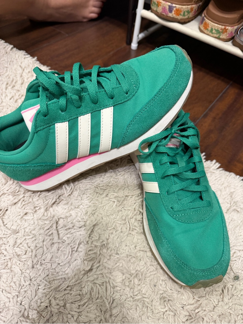 Adidas Women's Teal Retro Runner Sneakers with White Stripe Pink Accent